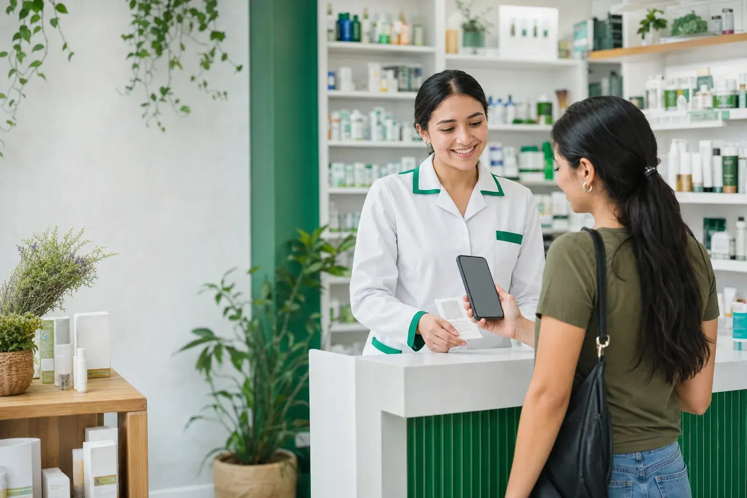 Una farmacéutica conversa con una clienta que comparte su opinión desde el celular
